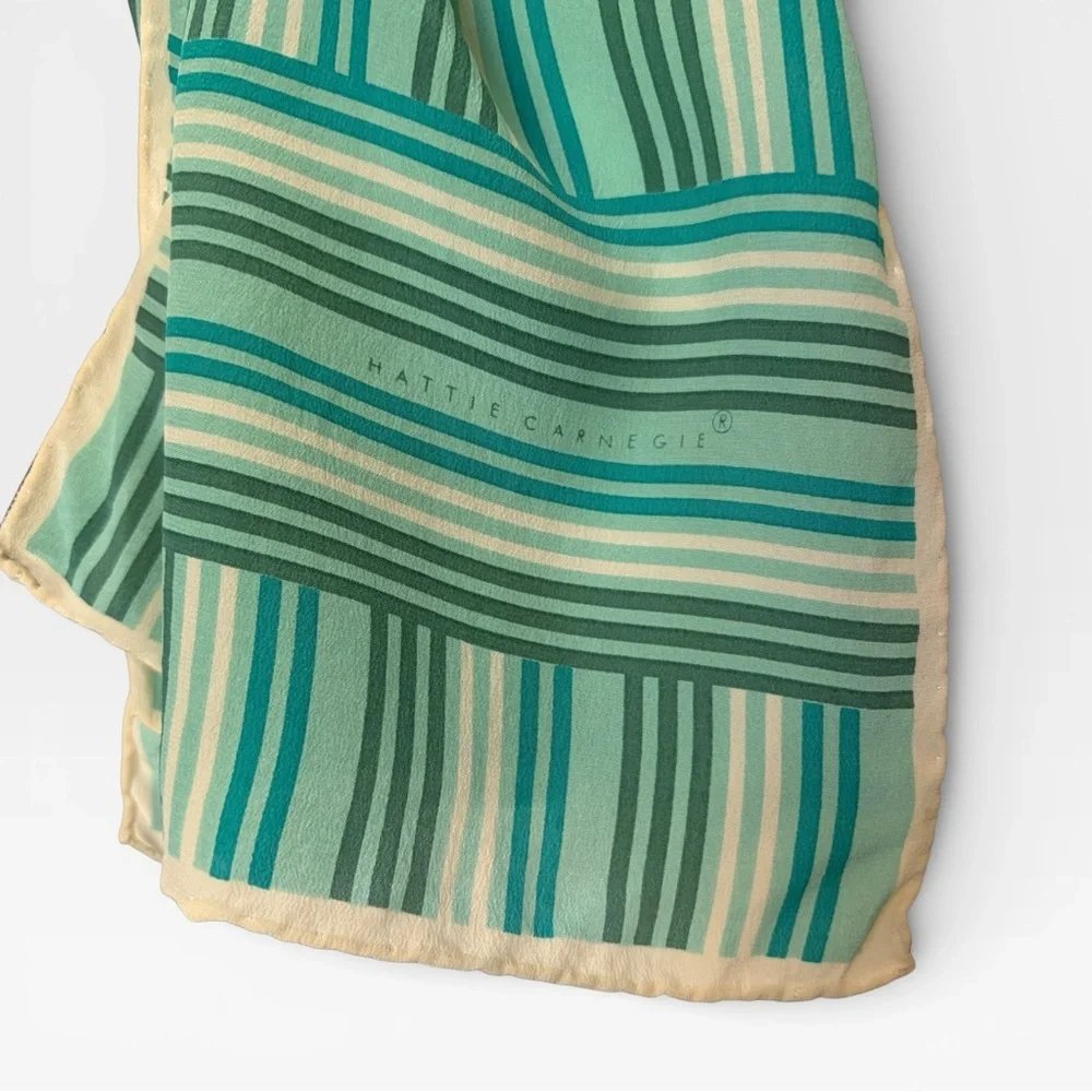 VIntage Hattie Carnegie 100% hand rolled silk scarf striped retro mod green